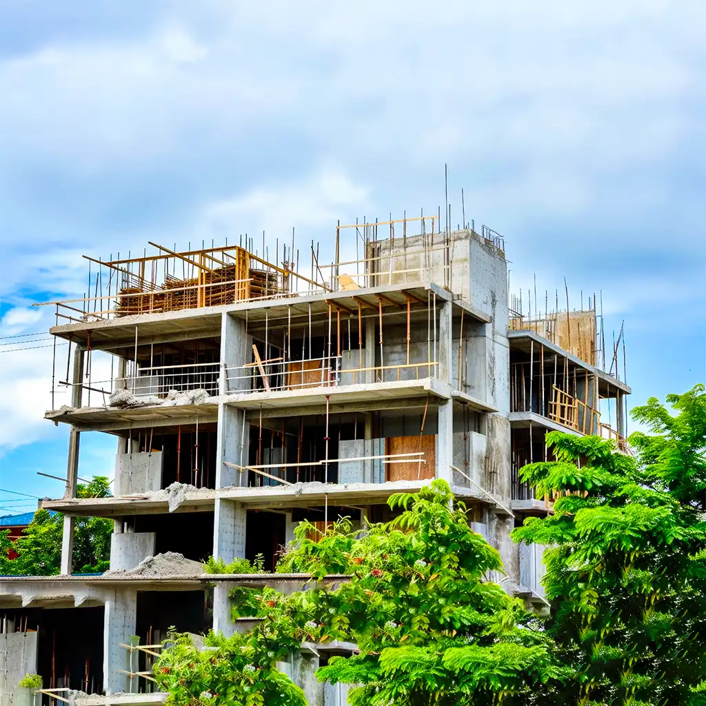 Construction workers building a modern structure with scaffolding and heavy machinery, representing Singarc Builders' expertise in delivering high-quality construction and interior design services in Tamil Nadu