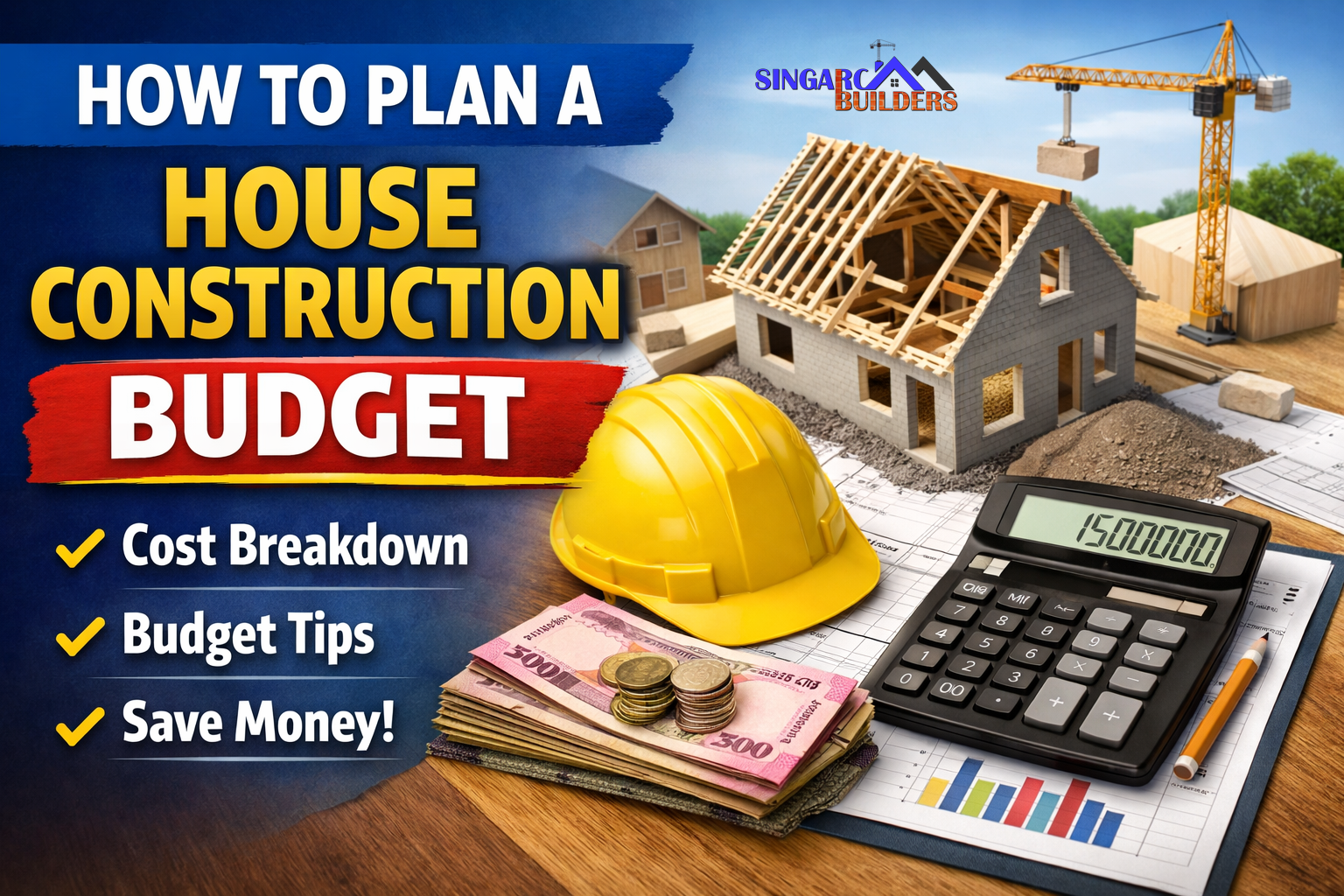 House construction budget planning with calculator, blueprint, model house and building site guide