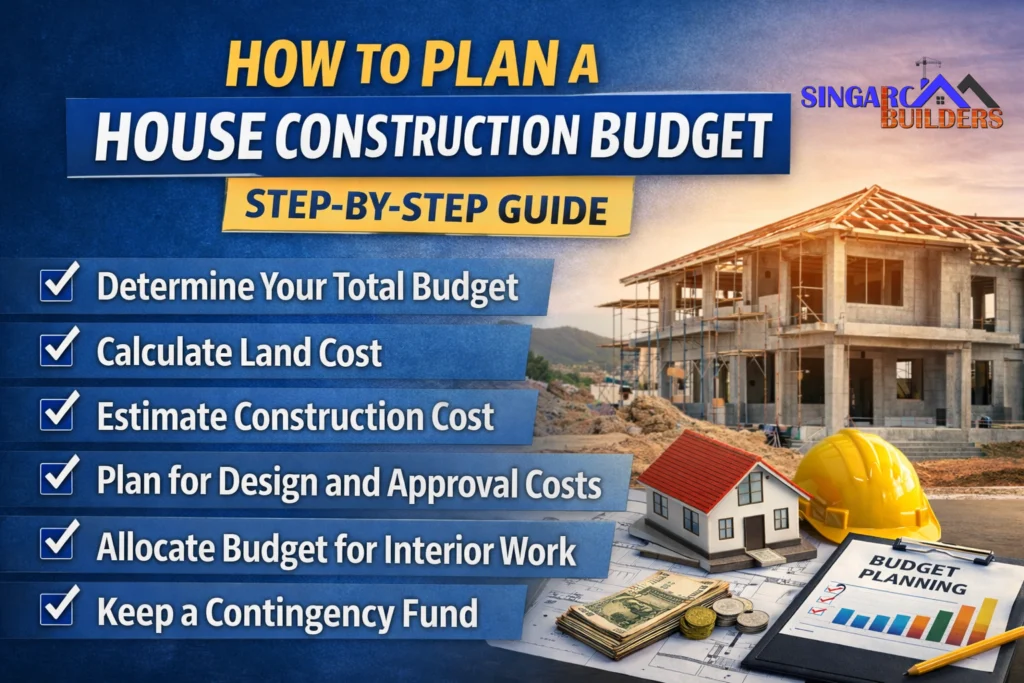 house construction budget planning steps infographic showing cost estimation, land cost calculation and interior budget planning
