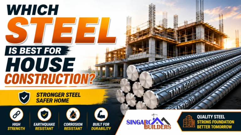 Building construction site showing TMT steel bars and a reinforced concrete structure to explain the best steel for safe and durable residential building construction.