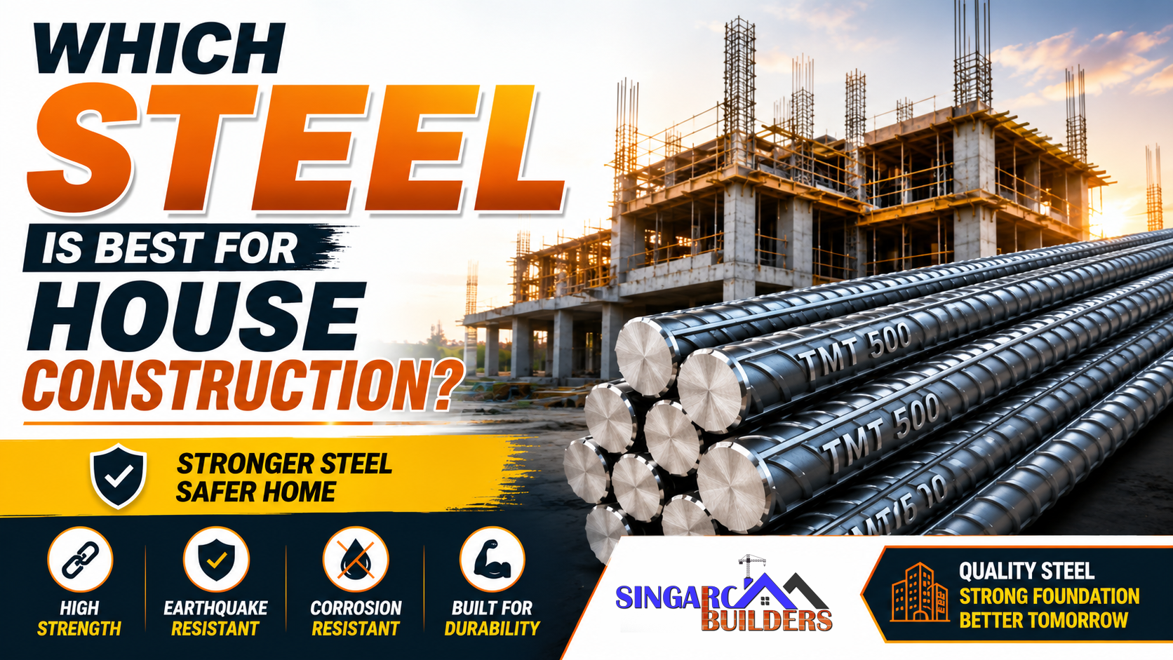 Building construction site showing TMT steel bars and a reinforced concrete structure to explain the best steel for safe and durable residential building construction.